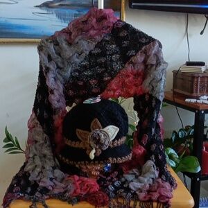 3D Knit Scarf with Bucket Cap New Red and Black 61"long 12" Wide